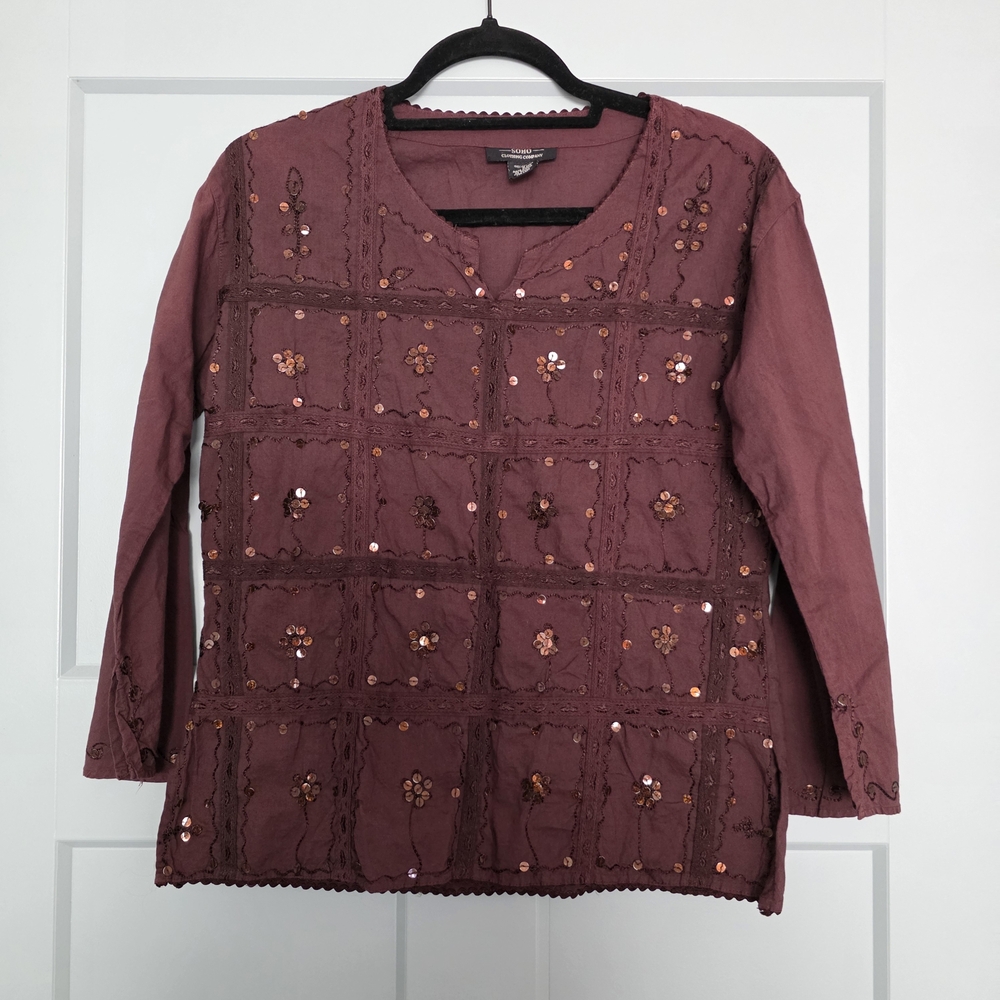 Soho Clothing Co Boho Embroidered Sequin Cotton Top Burgundy Size Small